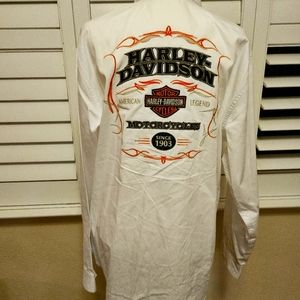 Harley-Davidson White Dress Shirt with Black and Orange Accents